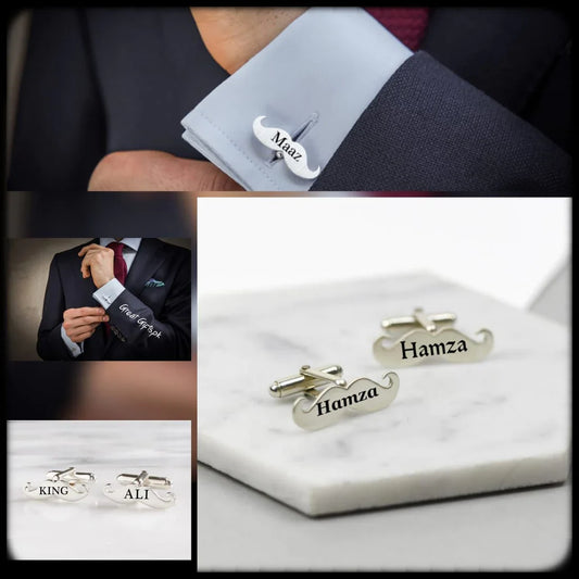 Mustaches Style Name Engraved Cufflinks - Golden & Silver